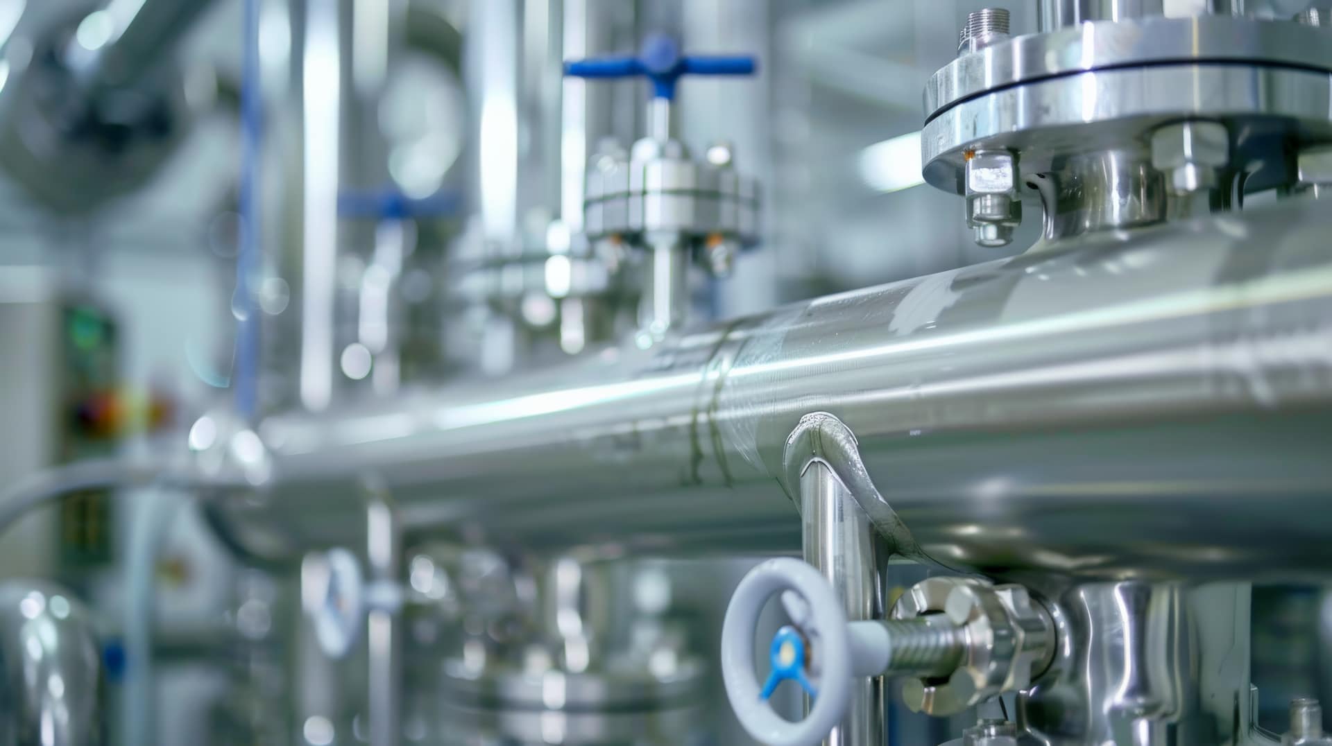 Steel pipelines and valves inside a modern industrial plant