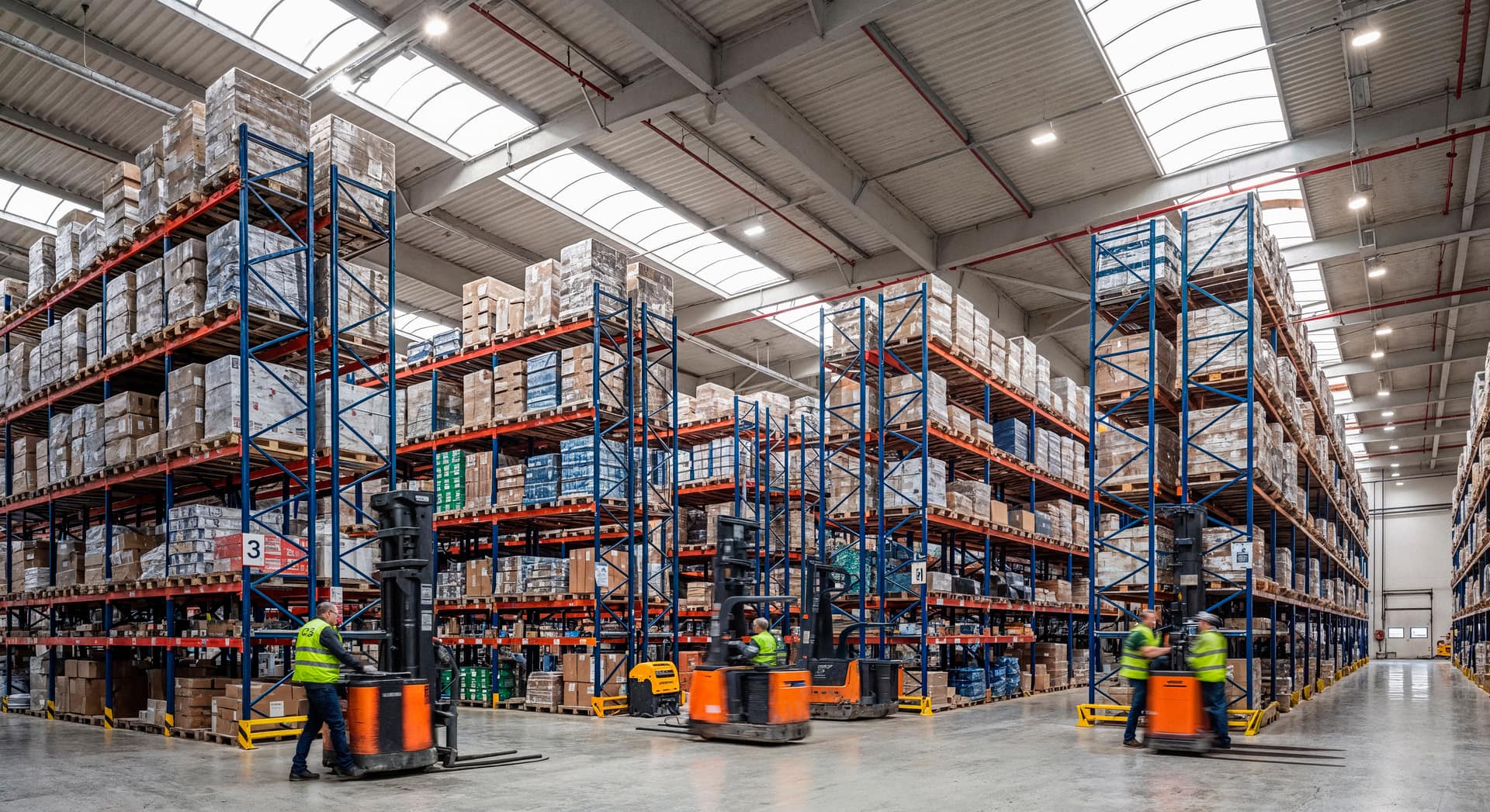 Distribution warehouse interior with loaded racks and forklifts